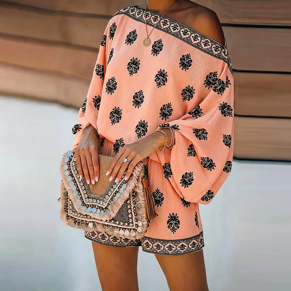 Women's 2 Pieces Outfit Boho Lantern Sleeve Linen Top and Shorts Set