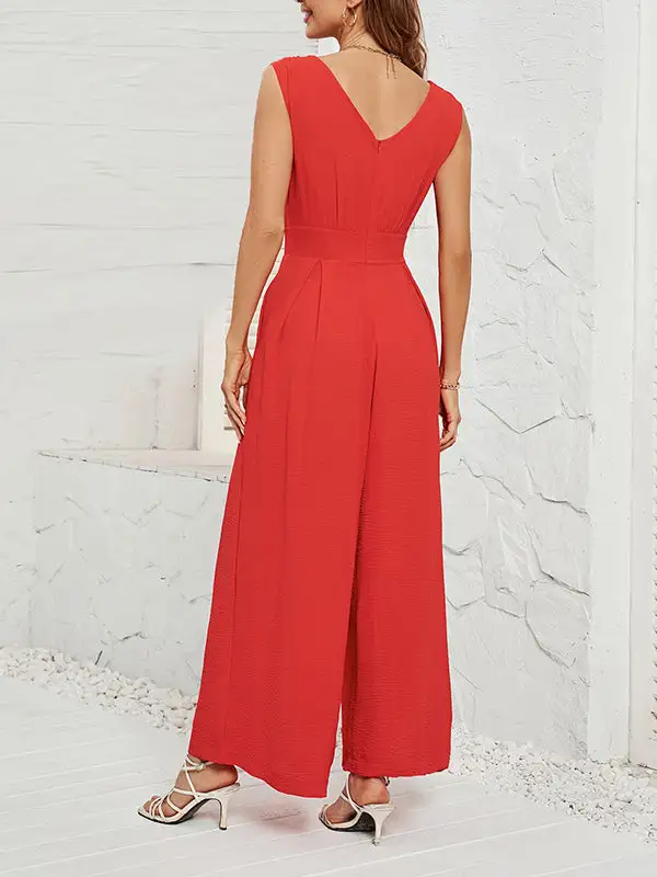 Losse Mouwloze Geplooide Jumpsuits Met Split Joint V