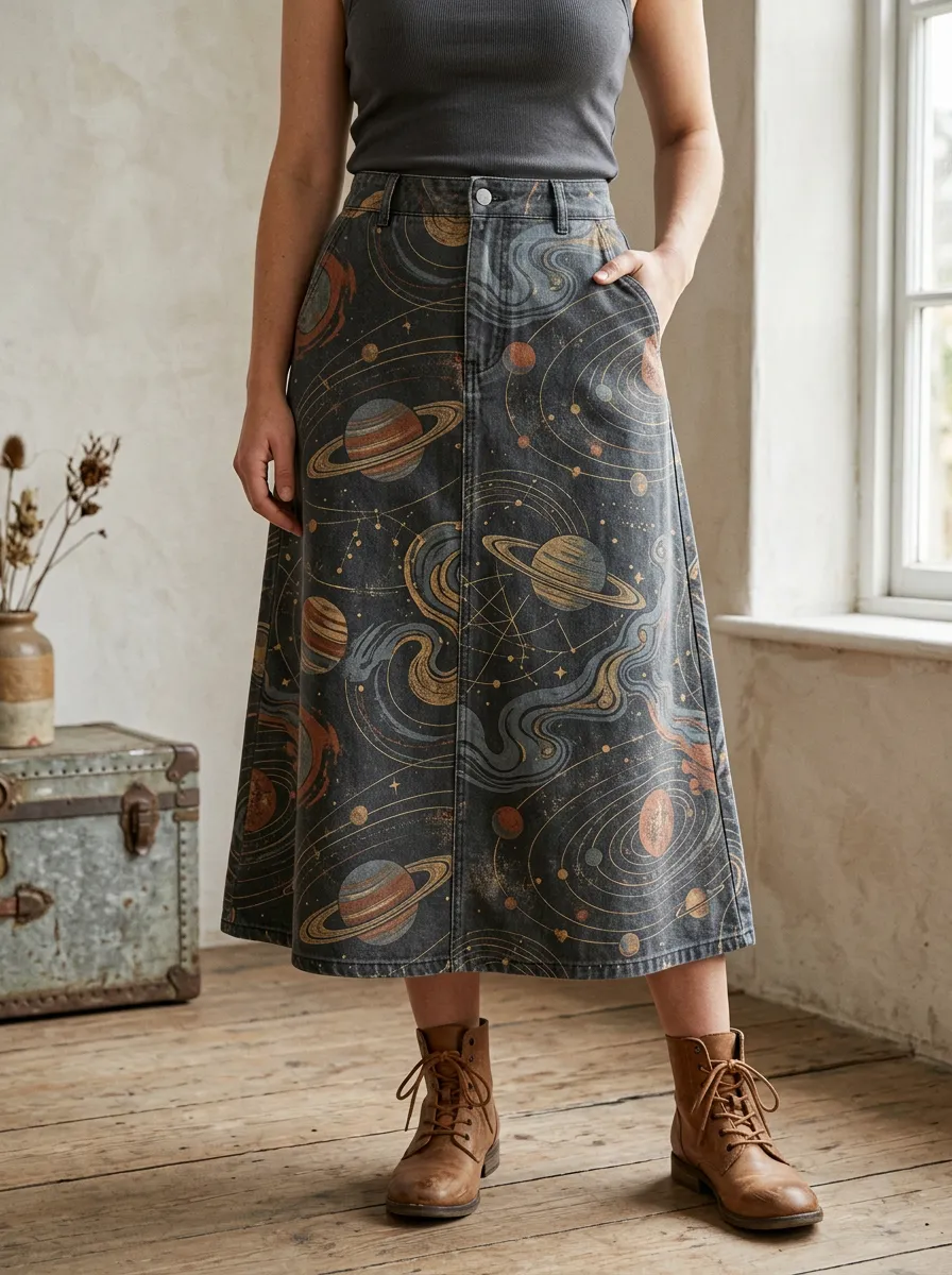 Women's Statement Celestial Print Denim Midi Skirt