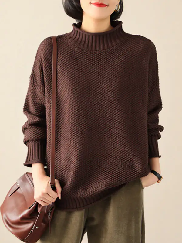 Casual High Neck Long Sleeve Relaxed Fit Roomy Fit Sweater