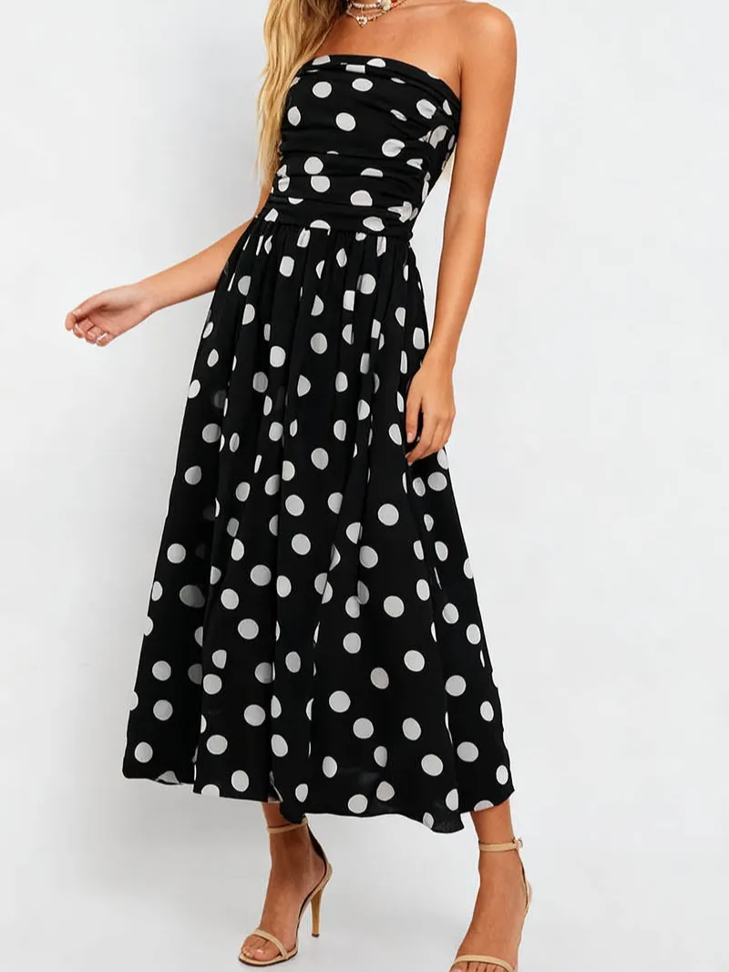 Strapless Polka Dot Smocked Sleeveless Maxi Dress