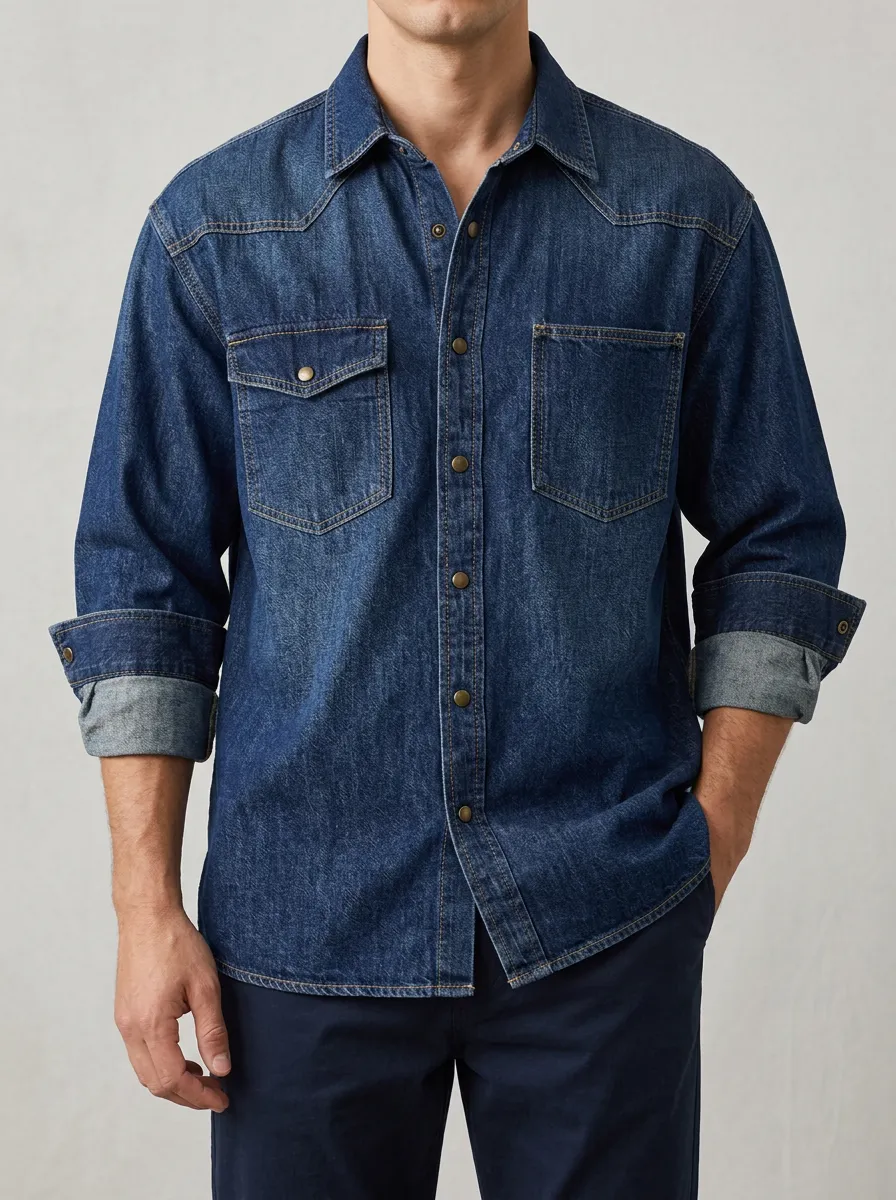 Denim Front-Opening Shirt with Washed Character