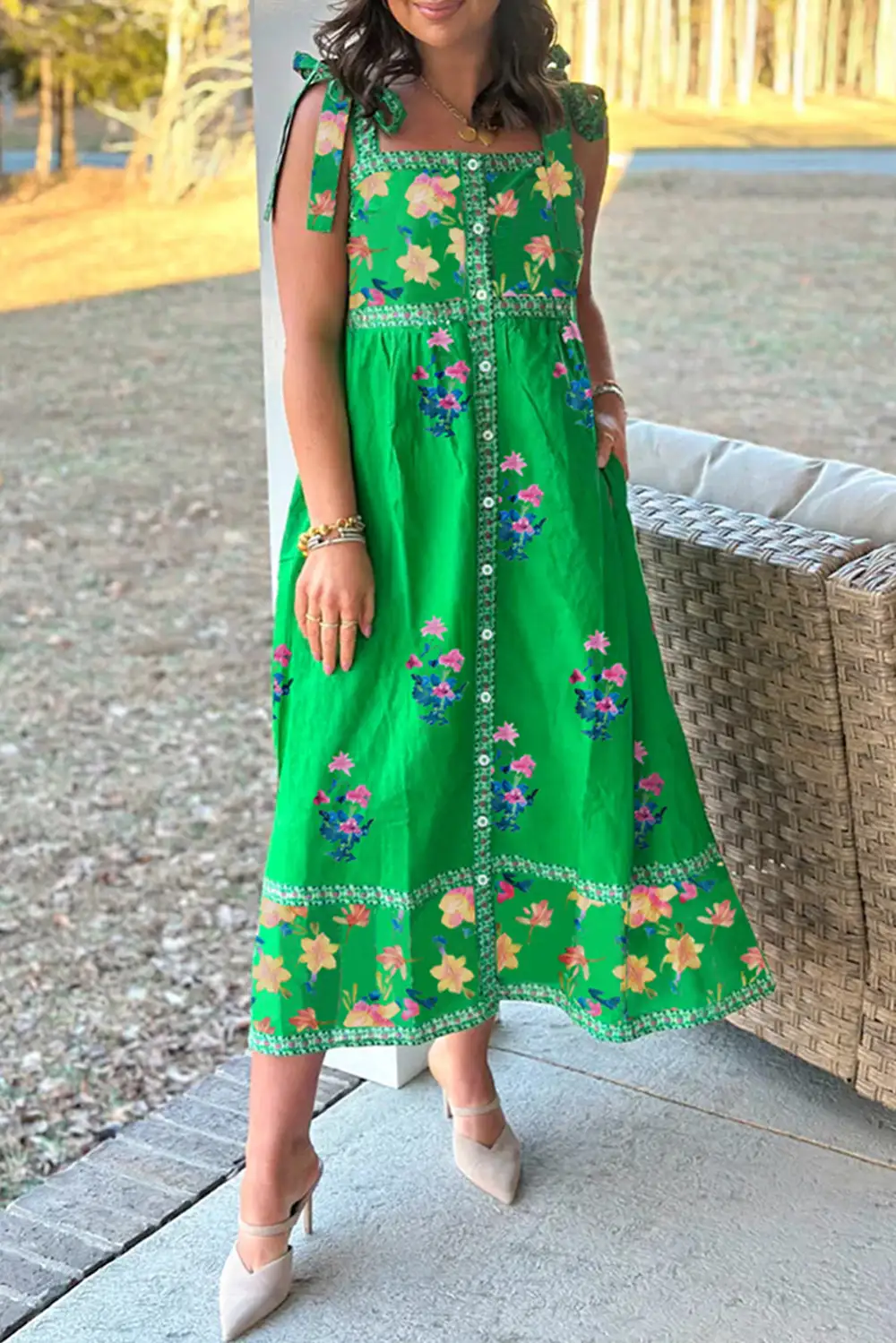 Floral Print Knotted Contrast Trim Midi Dress