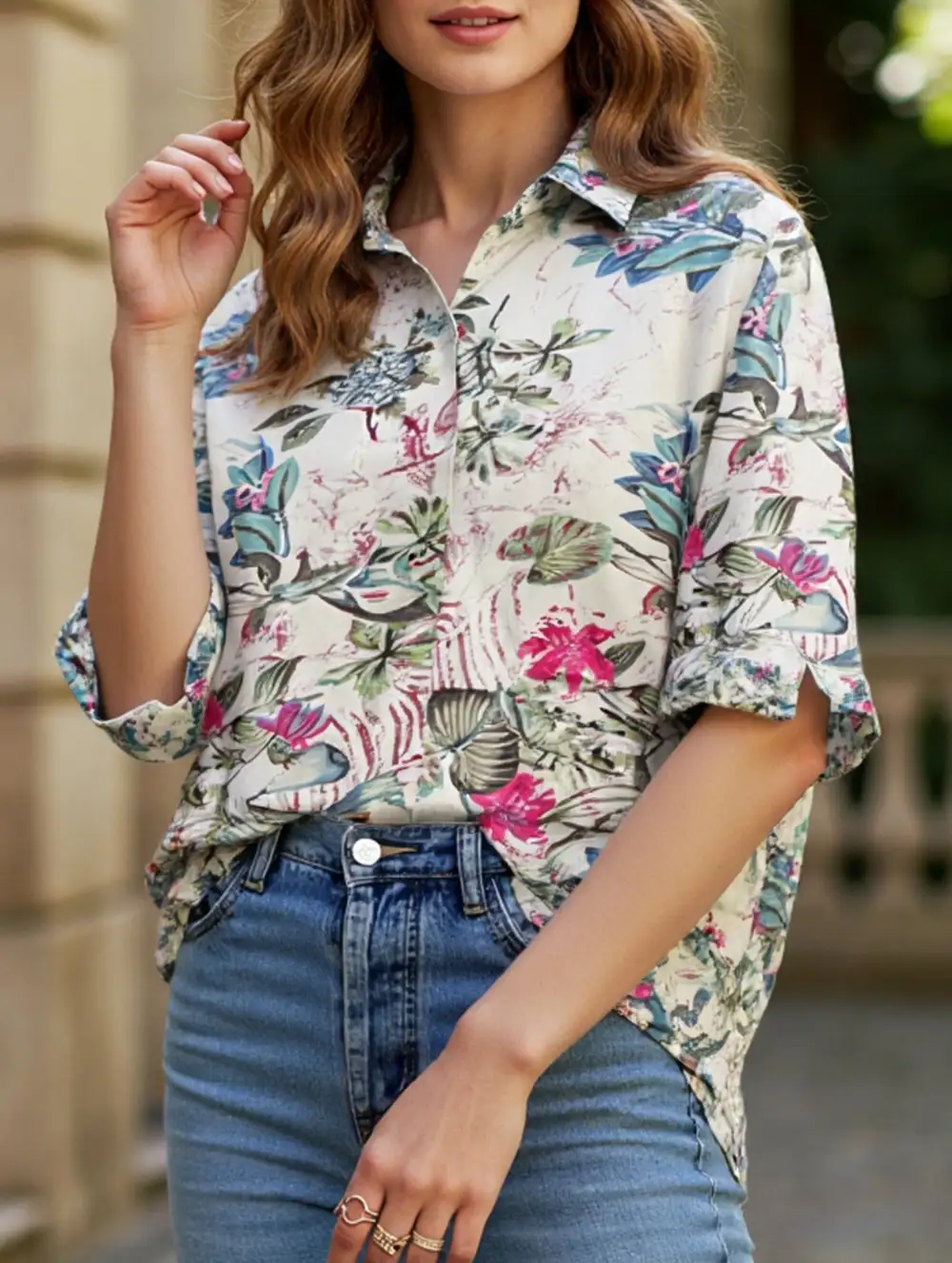 Floral Print Button-Down Collar Shirt
