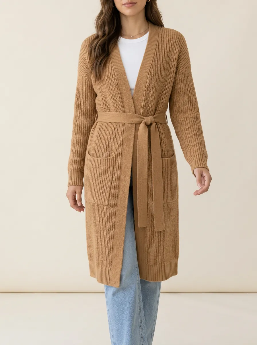 Belted Open-Front Ribbed Knit Long Cardigan