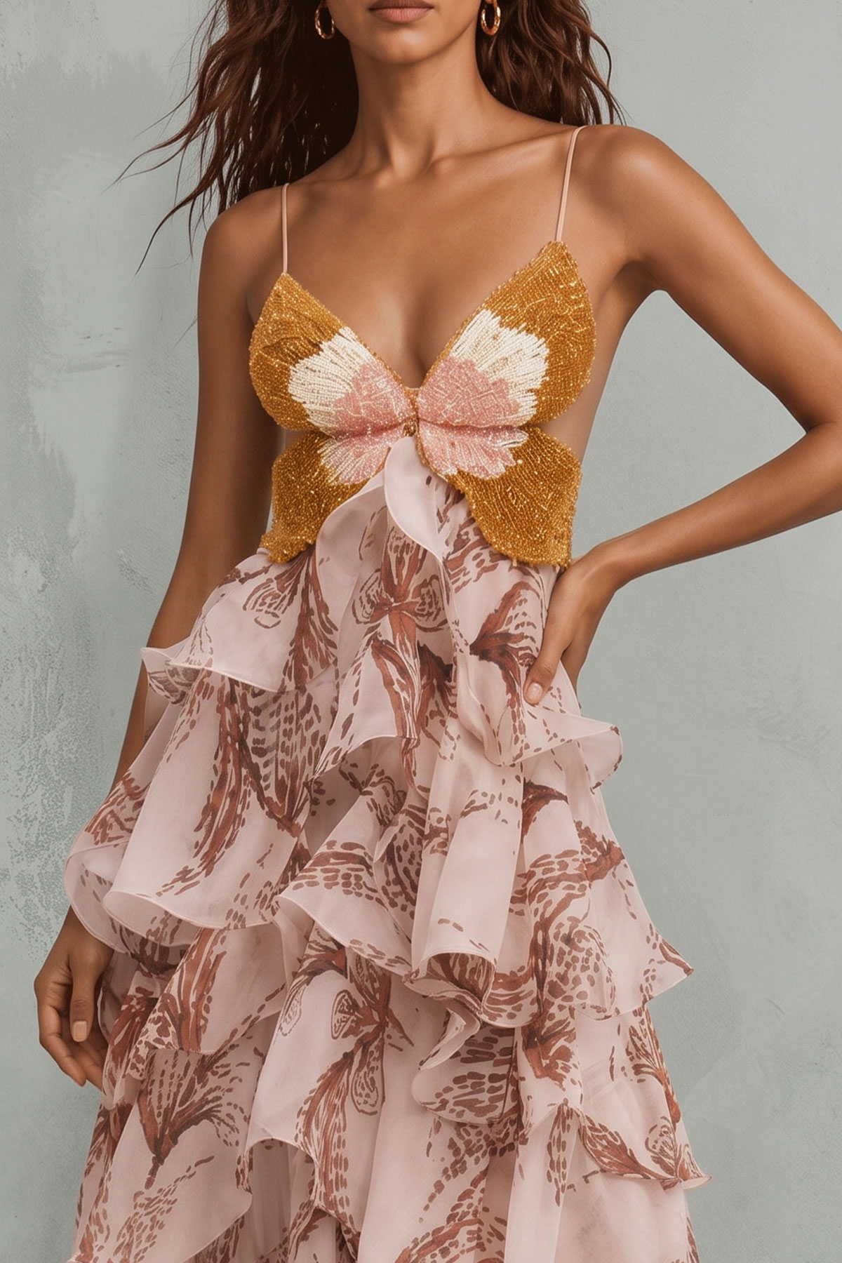Ruffle Floral Butterfly Print Maxi Dress