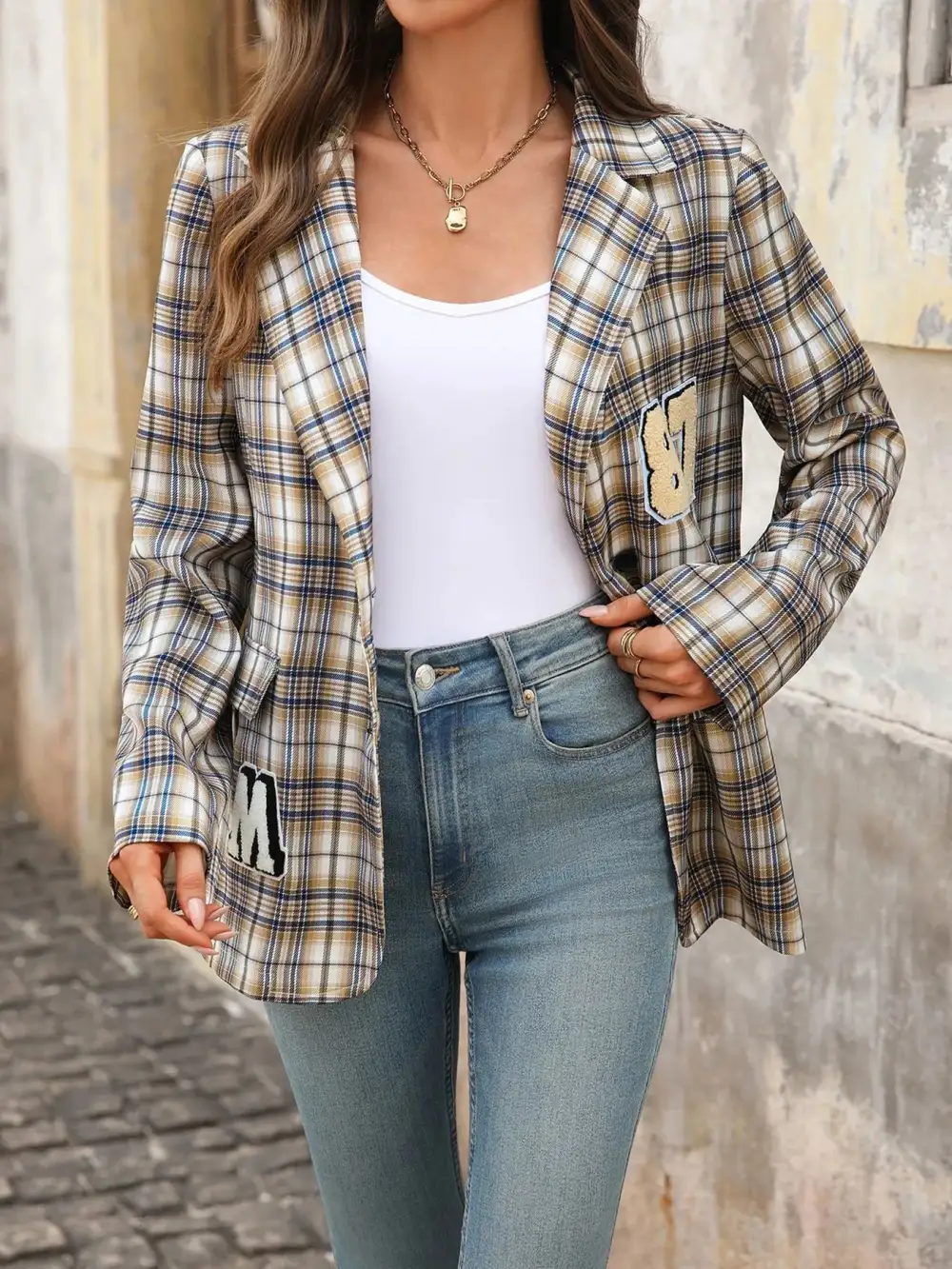 Long-Sleeve Plaid Blazer