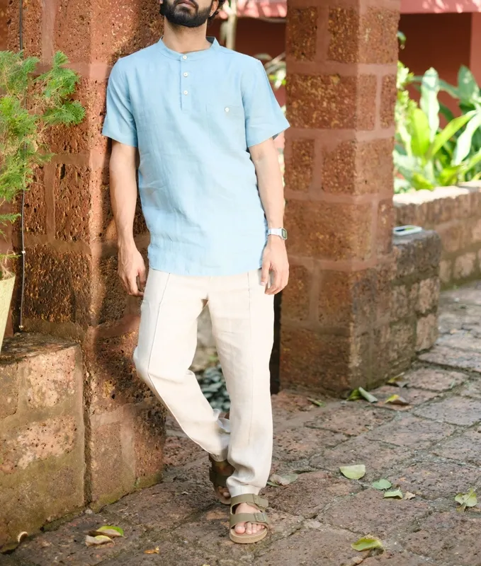 Aqua Linen Band Collar Shirt