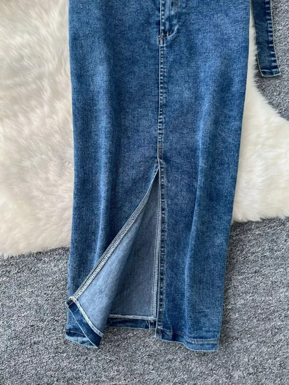 Frayed Denim Patchwork Top and Slit Maxi Skirt Denim Set