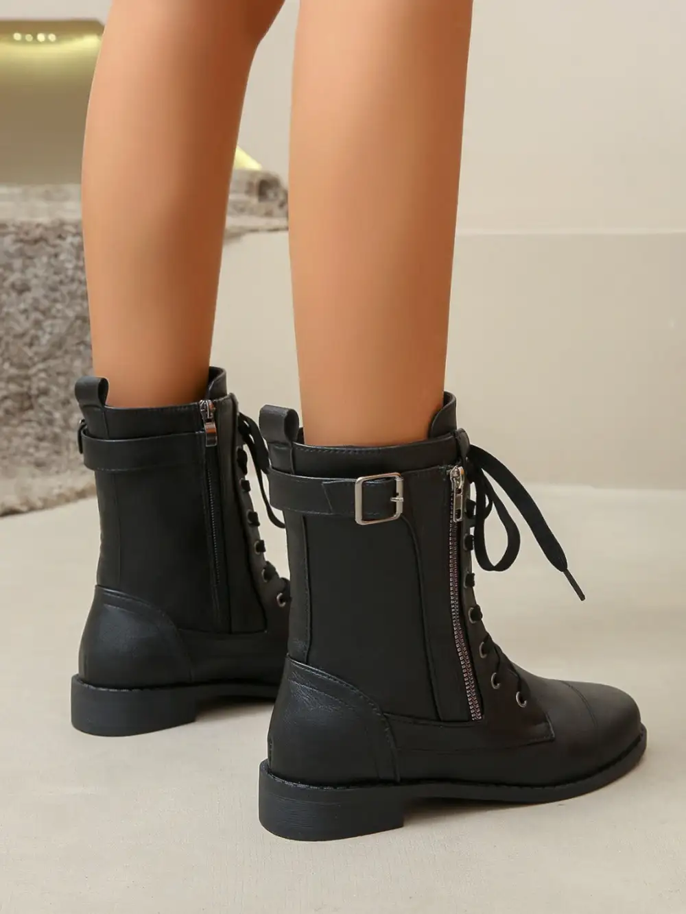 Pu Leather Lace-Up Boots