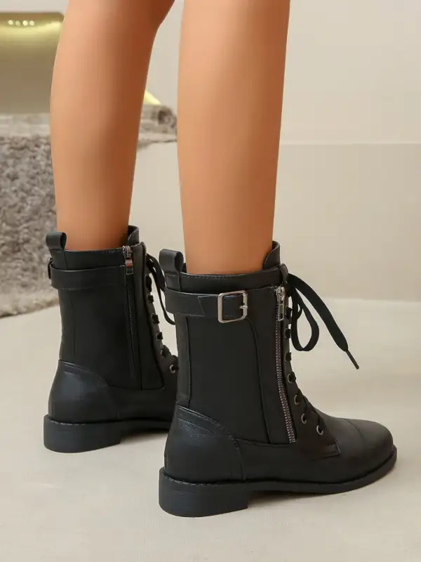 Pu Leather Lace-Up Boots