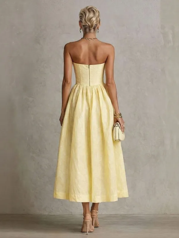 Romantic Textured Floral Strapless Midi Dress