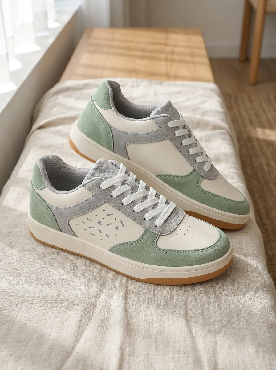 Women's Sage Green Grey Colorblock Cutout Printed Sneakers