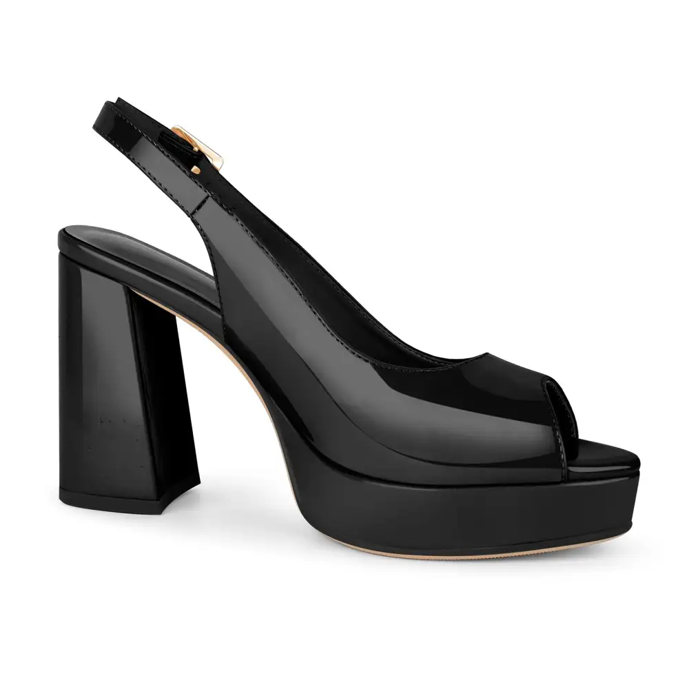 Patent Finish Peep Toe Platform Chunky Heel Slingback Pumps