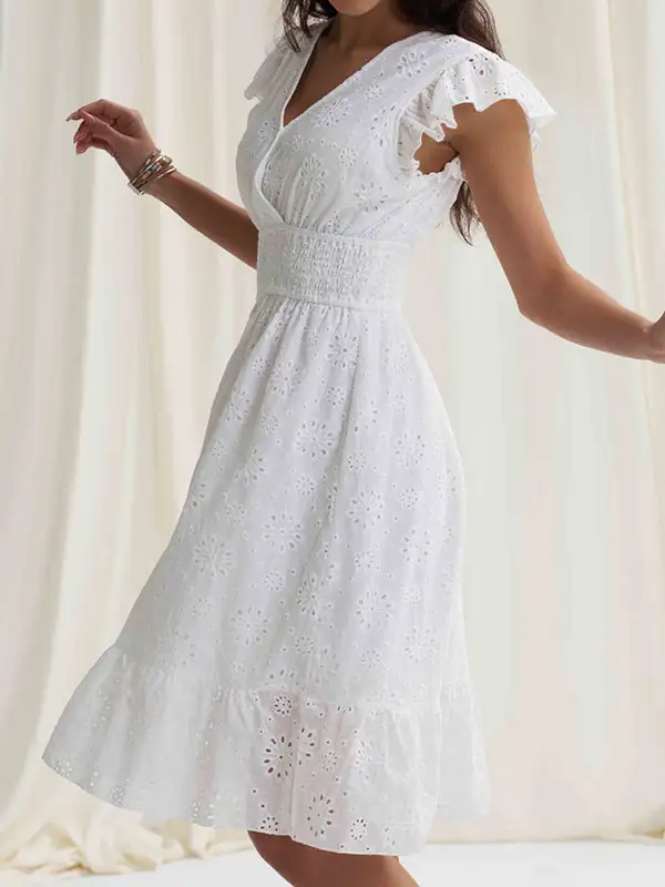 A Line Relaxed Elasticity Hollow Pleated Solid Color V Neck Mini