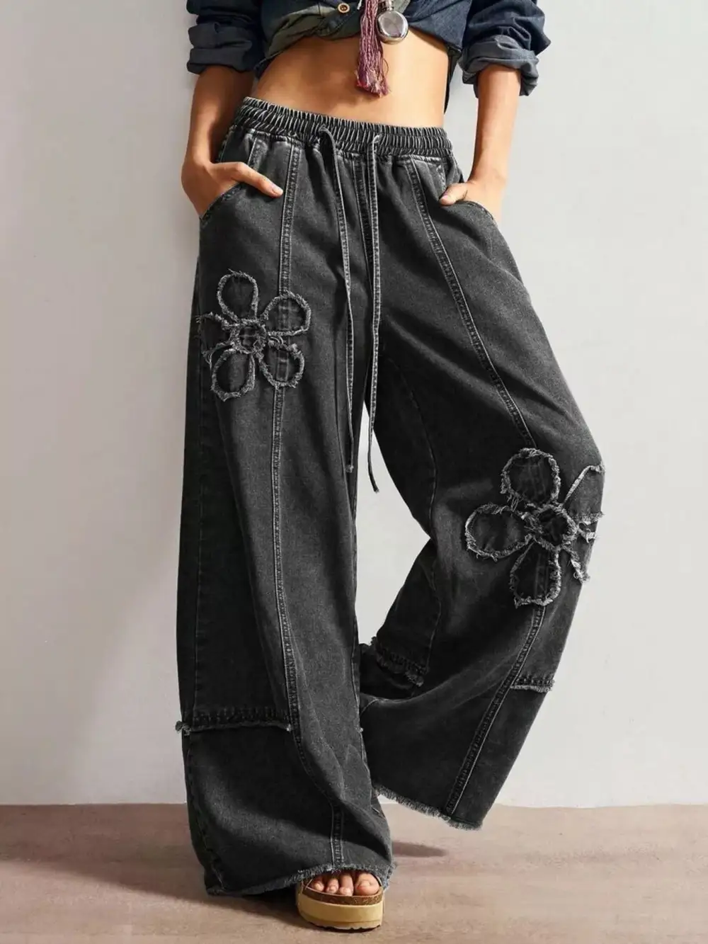 Drawstring Distressed Wide Leg Jeans