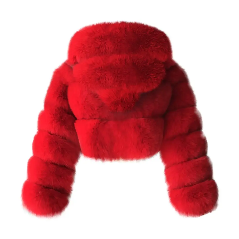 Red Faux Fur Coat Women with Hood Cropped Bubble Coats Fleece Short Warm Jackets Plus Size Winter Coats for Women
