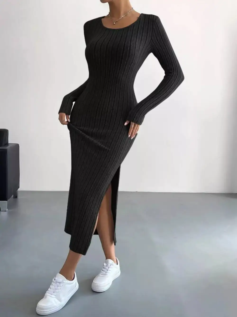 Textured Detail Ribbed Knit Midi Dress