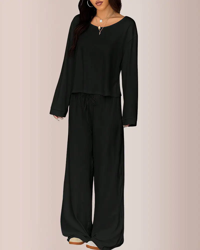 Slouchy Off-Shoulder Crop Top and Wide Leg Lounge Set