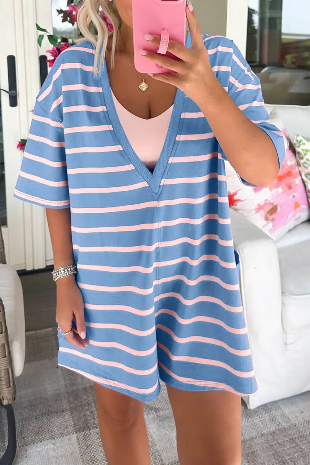 Striped Neck Sleeve Relaxed Romper