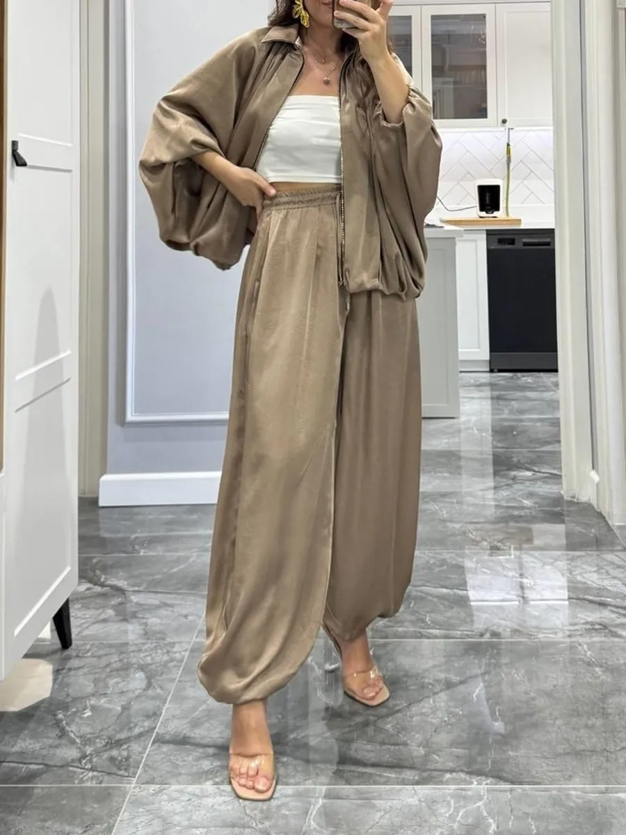 Women's solid color cross-section design casual zipper cardigan & pants set