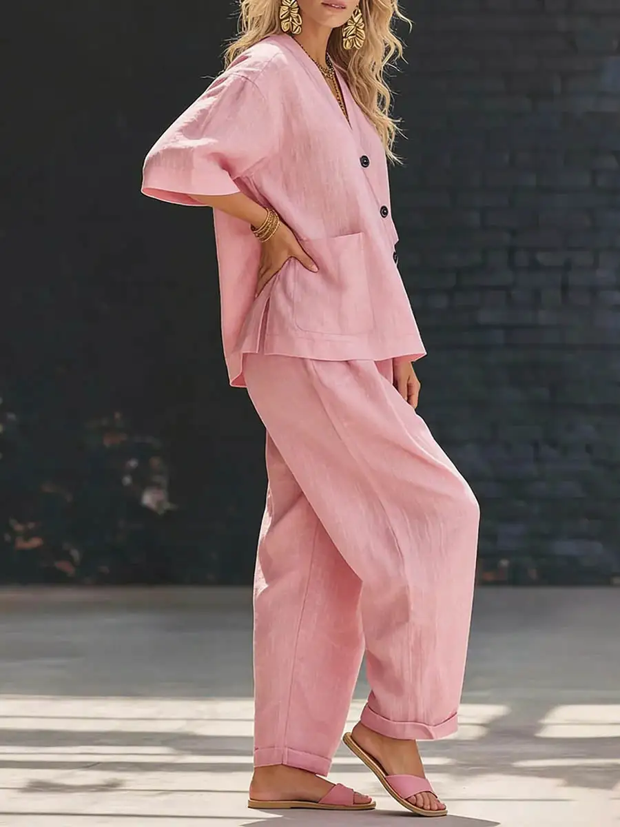 Relaxed V Neck Blouse And Pants Set