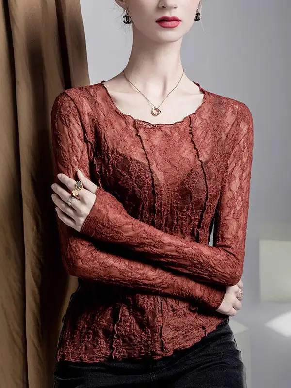 Asymmetric Long Sleeve Sheer Panel Detail Textured Round Neck T-Shirt