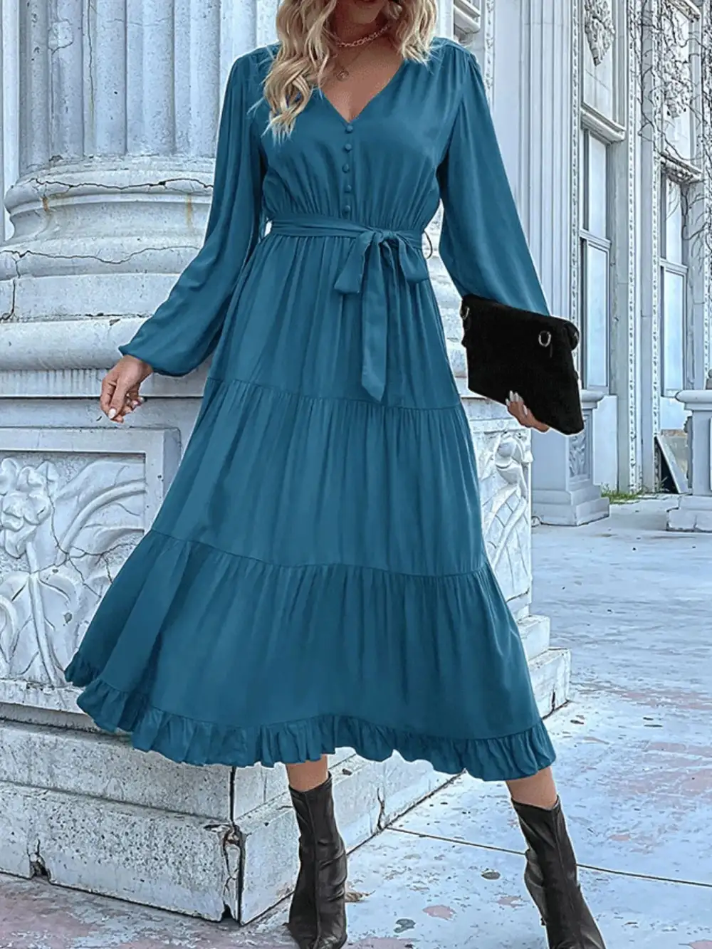 Smooth Finish V Neck Ruffle Dress