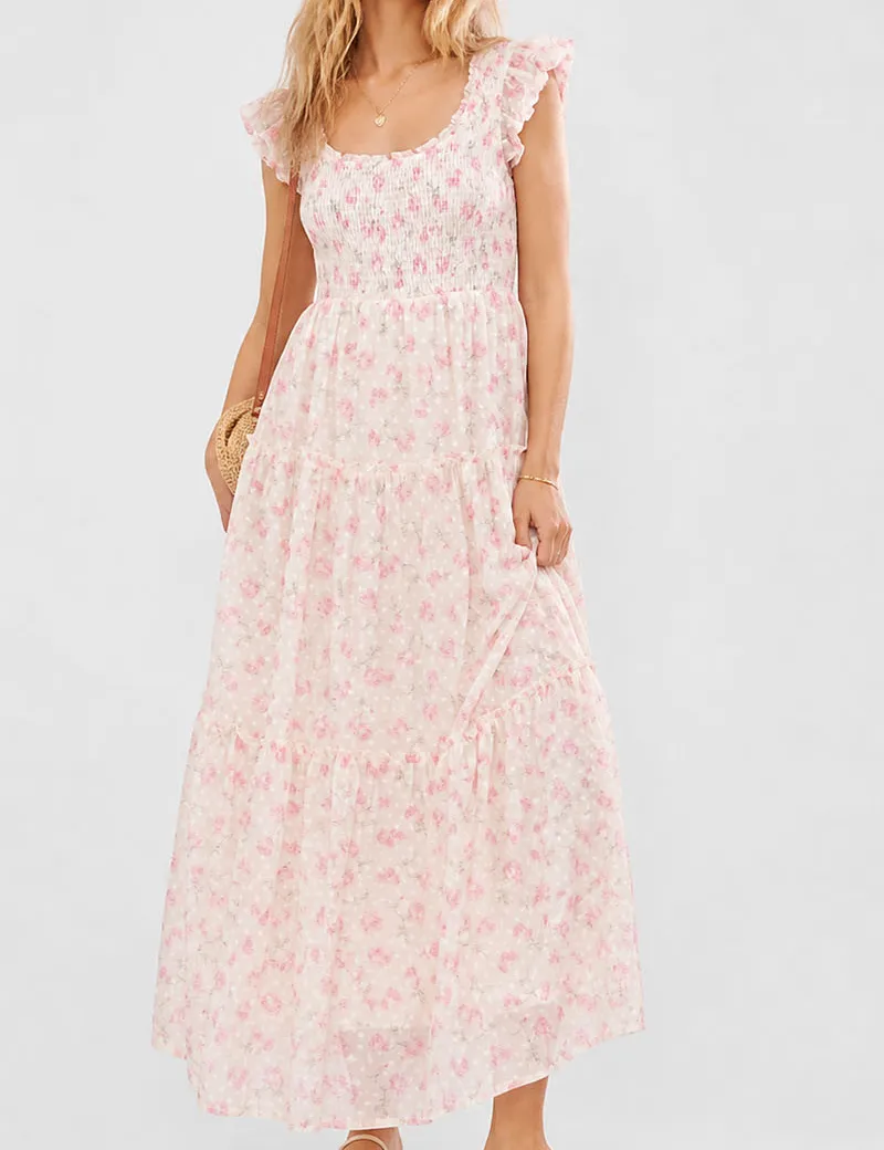 Ruffle Sleeves Tiered Hem Smocked Maxi Dress