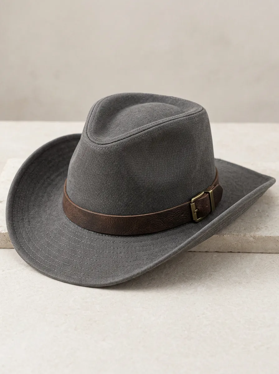 Men's Cowboy Hat with Leather Look Wide Brim Breathable Detail