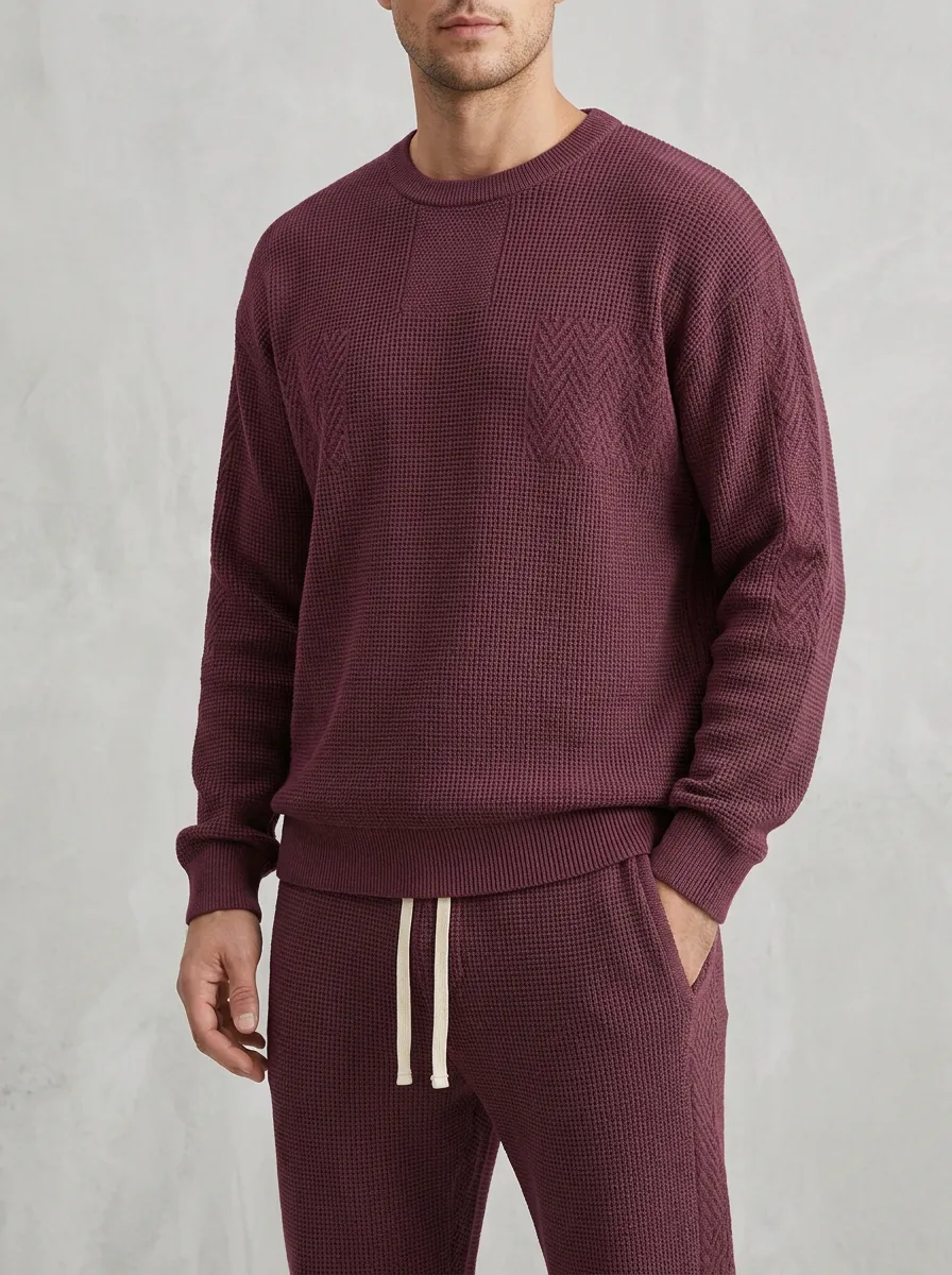Refined Waffle-Knit Textured-Knit Men's Knit Sweater Tracksuit Set