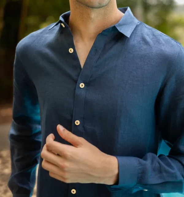 Navy Minimal Linen Button-Up Shirt