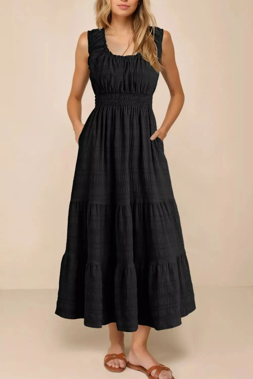 Pocketed Tiered Smocked Dress Casual