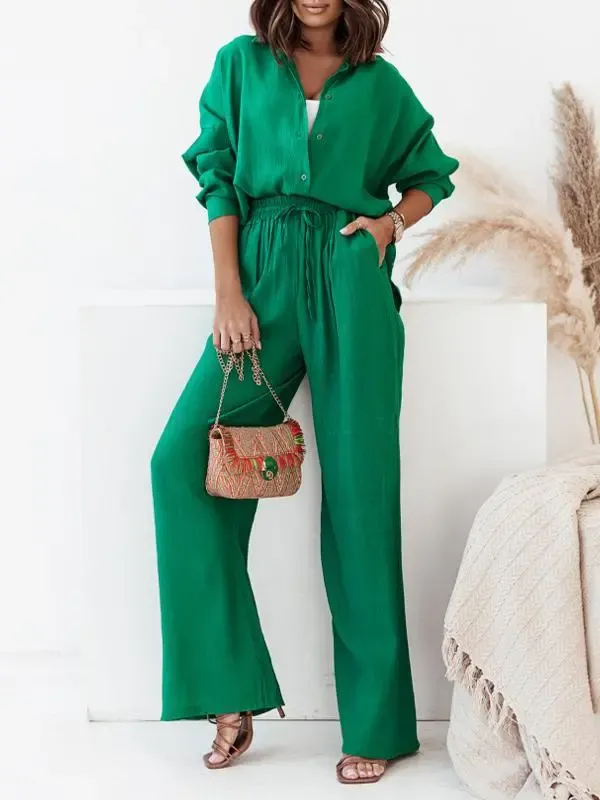 Loose Elastic Wrinkled Long-sleeved Shirt Wide-leg Pants Suit for Women
