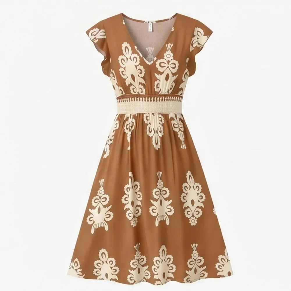 V Neck Printed Damask Midi Dress