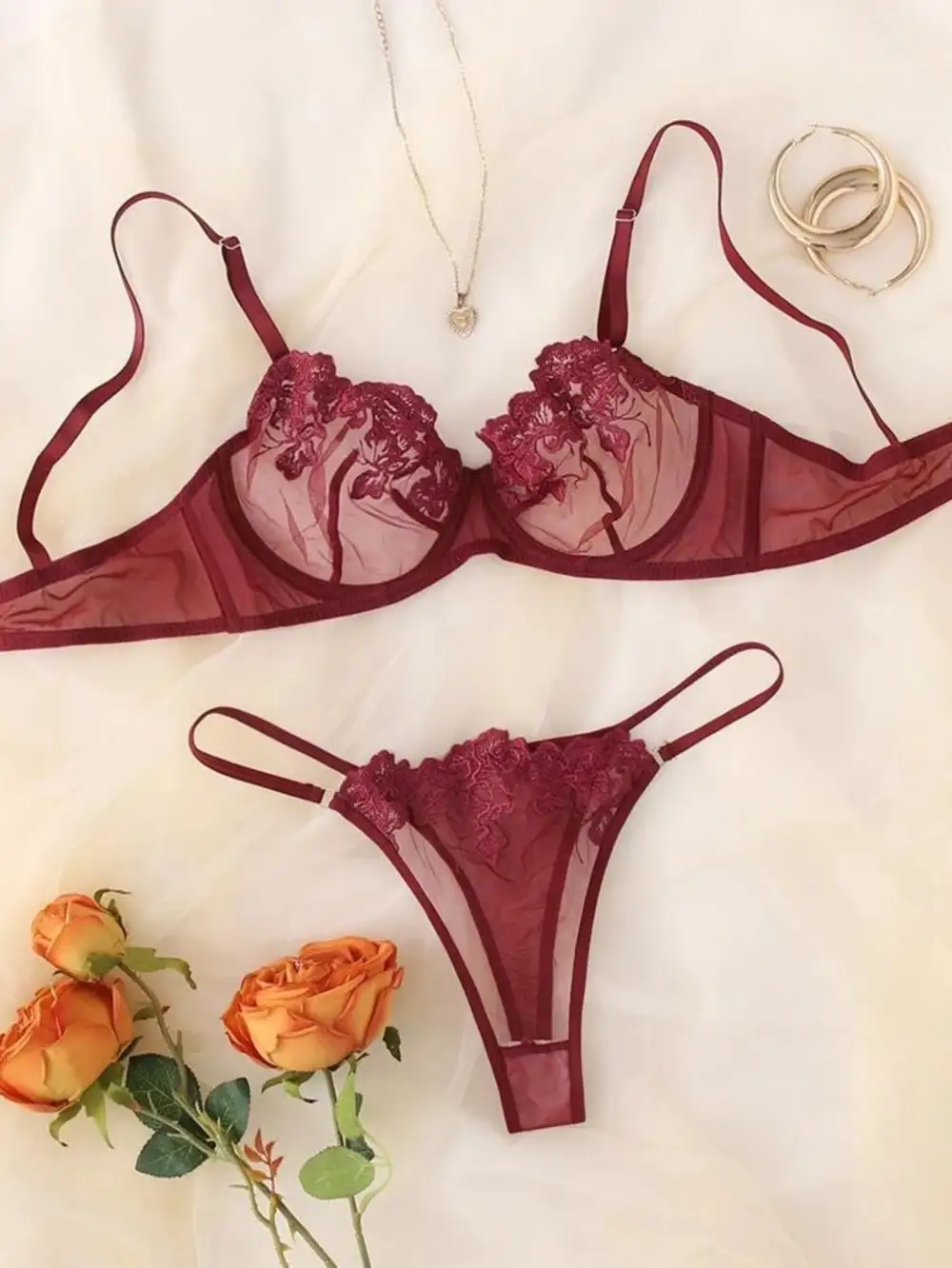 Layered Floral Embroidered Lingerie Set