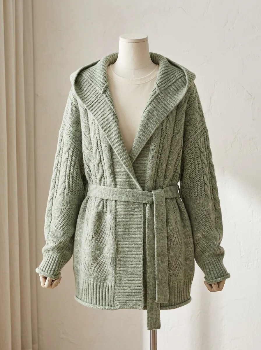 Refined Cable-Knit Belted Women's Hooded Knit Cardigan
