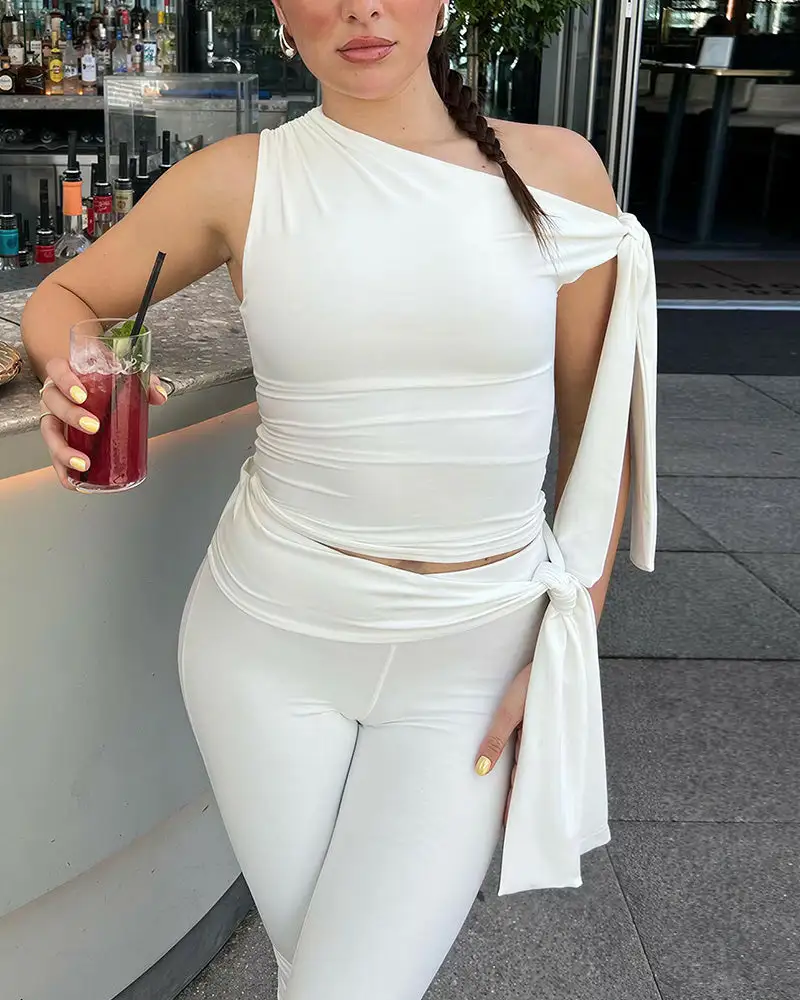 Asymmetrical Drape Top and Capri Leggings Two-Piece Set