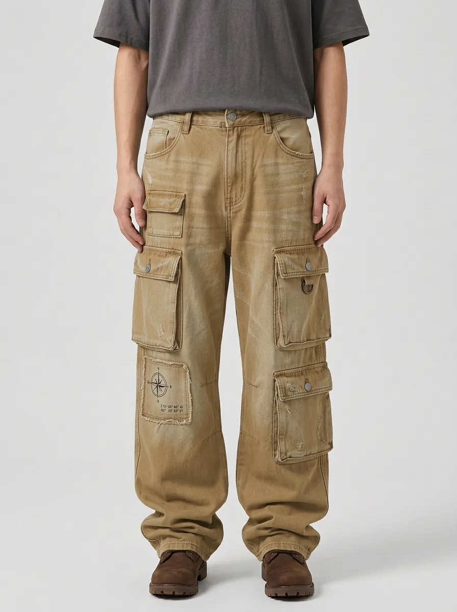 Men's Vintage Compass Graphic Distressed Printed Cargo Pants