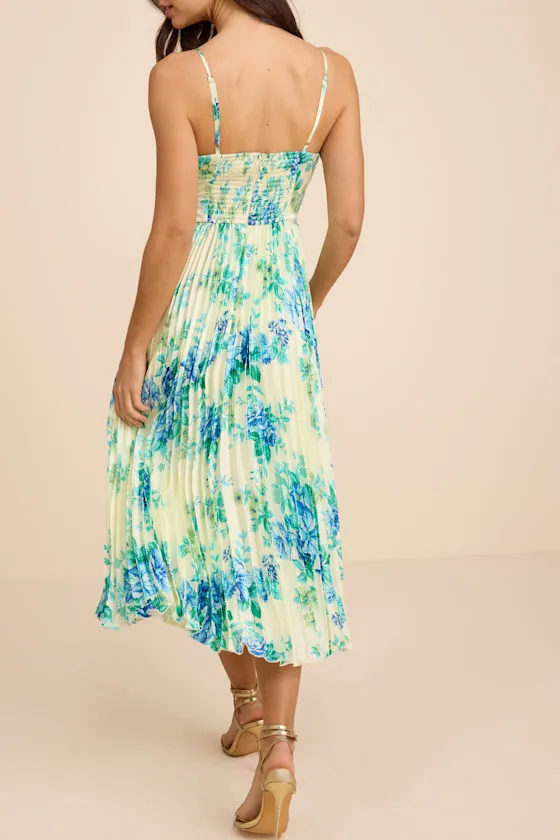 Francette Yellow Floral Satin Pleated Midi Dress