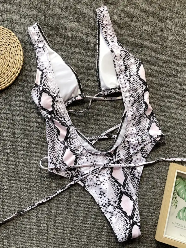 Lace Up Backless Plunge One Piece Swimsuit
