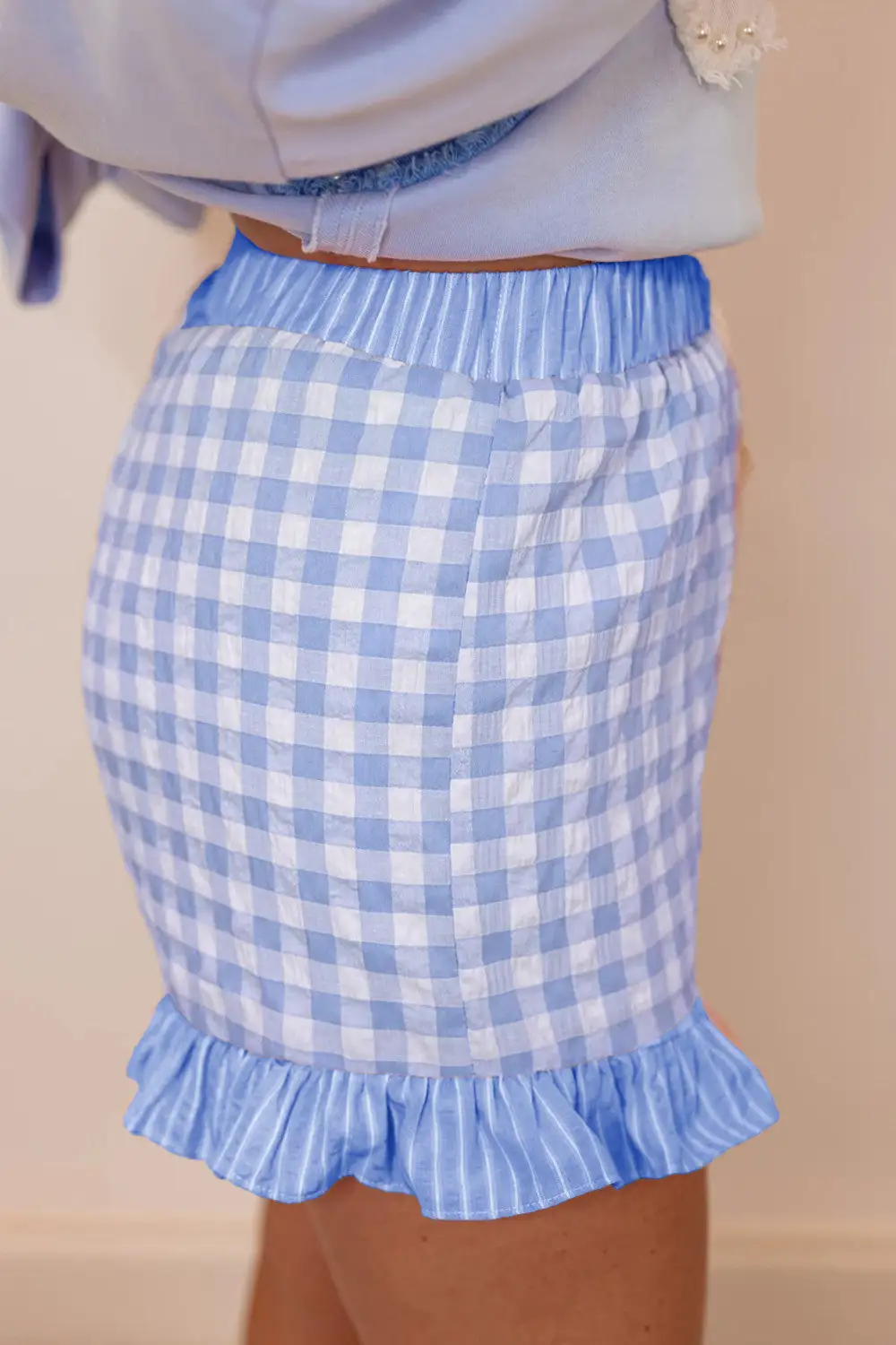 Drawstring Gingham Ruffled Striped Lace Shorts