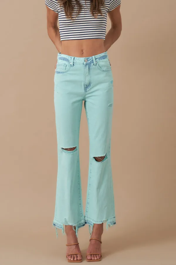 Women's High Rise Destroyed Distressed Cropped Flare Rigid Denim Jeans