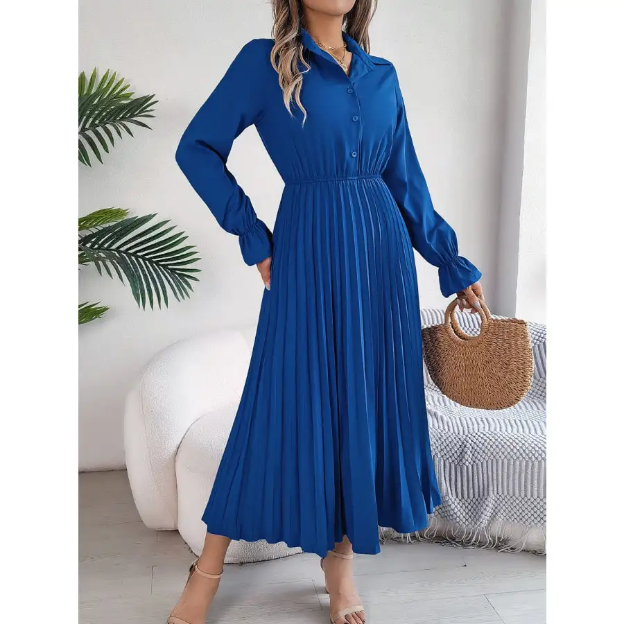 Pleated Half Button Long Sleeve Midi Dress