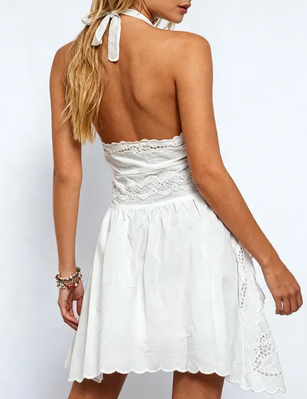 Chic Embroidery Hollow Bow Halter Neck Mini Dress
