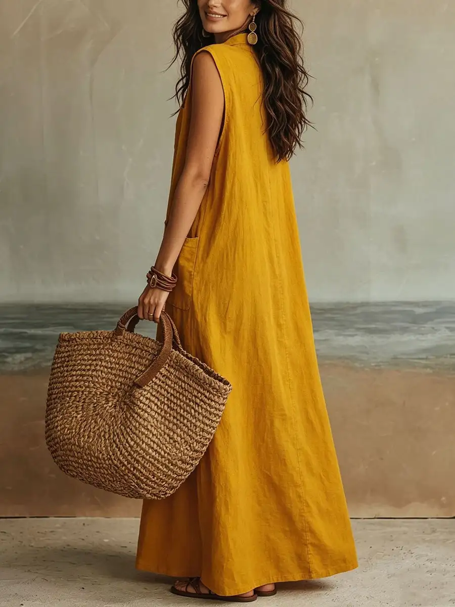 Loose Buttoned Sleeveless Maxi Dress