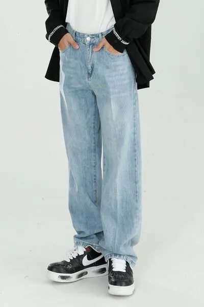 Mid-Rise Washed Pocketed Stretch Wide Straight Jeans