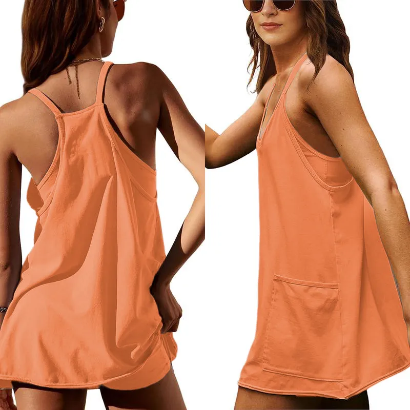 Women'S Womens Athletic Sleeveless Mini Dress With Built-In Shorts V Neck Spaghetti Strap Short Tennis Dress With Pockets