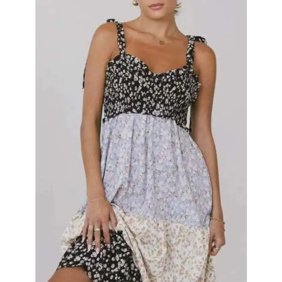 Smocked Tie Shoulder Printed Maxi Dress