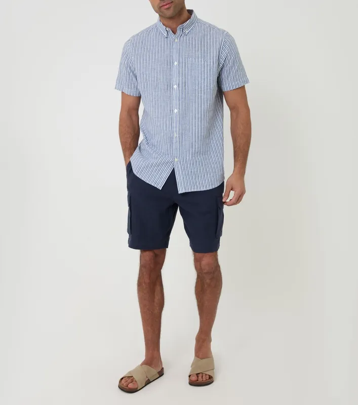 Blue Stripe Linen-Cotton Blend Short-Sleeve Shirt